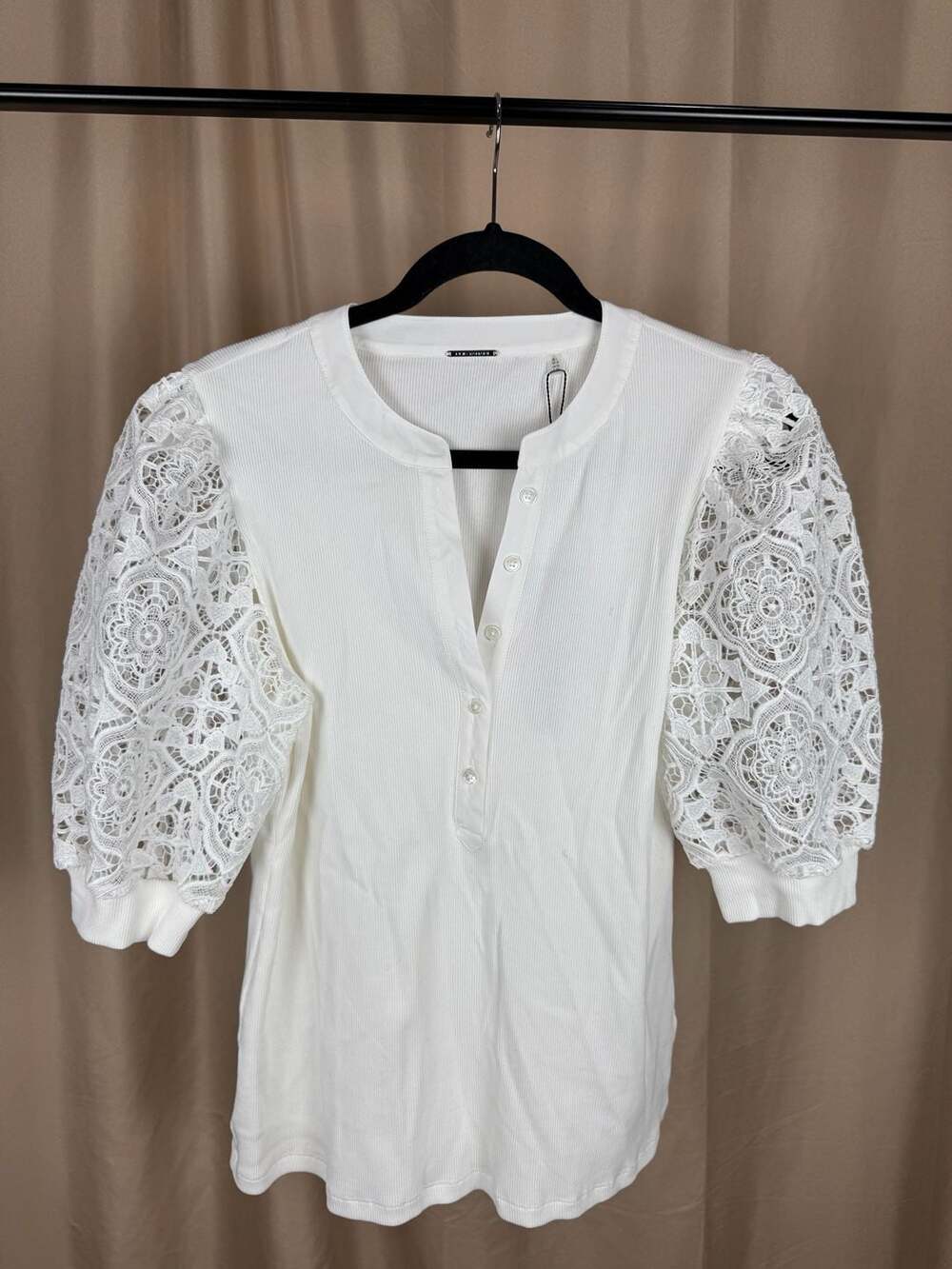 Elie Tahari Coralee Eyelet Puff Sleeve Henley Knit Top Sky White